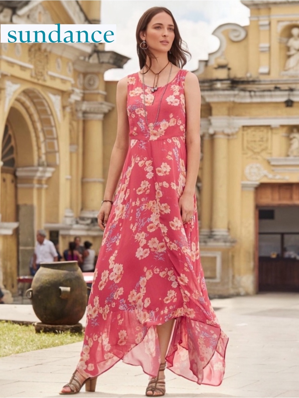 Sundance Dress Savior Faire Asymmetric Floral Summer Chiffon Coral | Sz 16